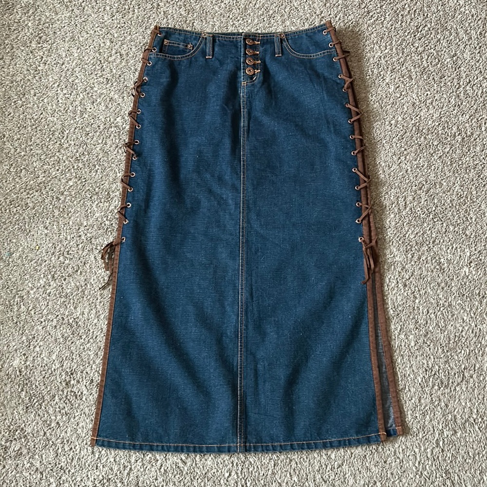 vintage denim lace up maxi skirt